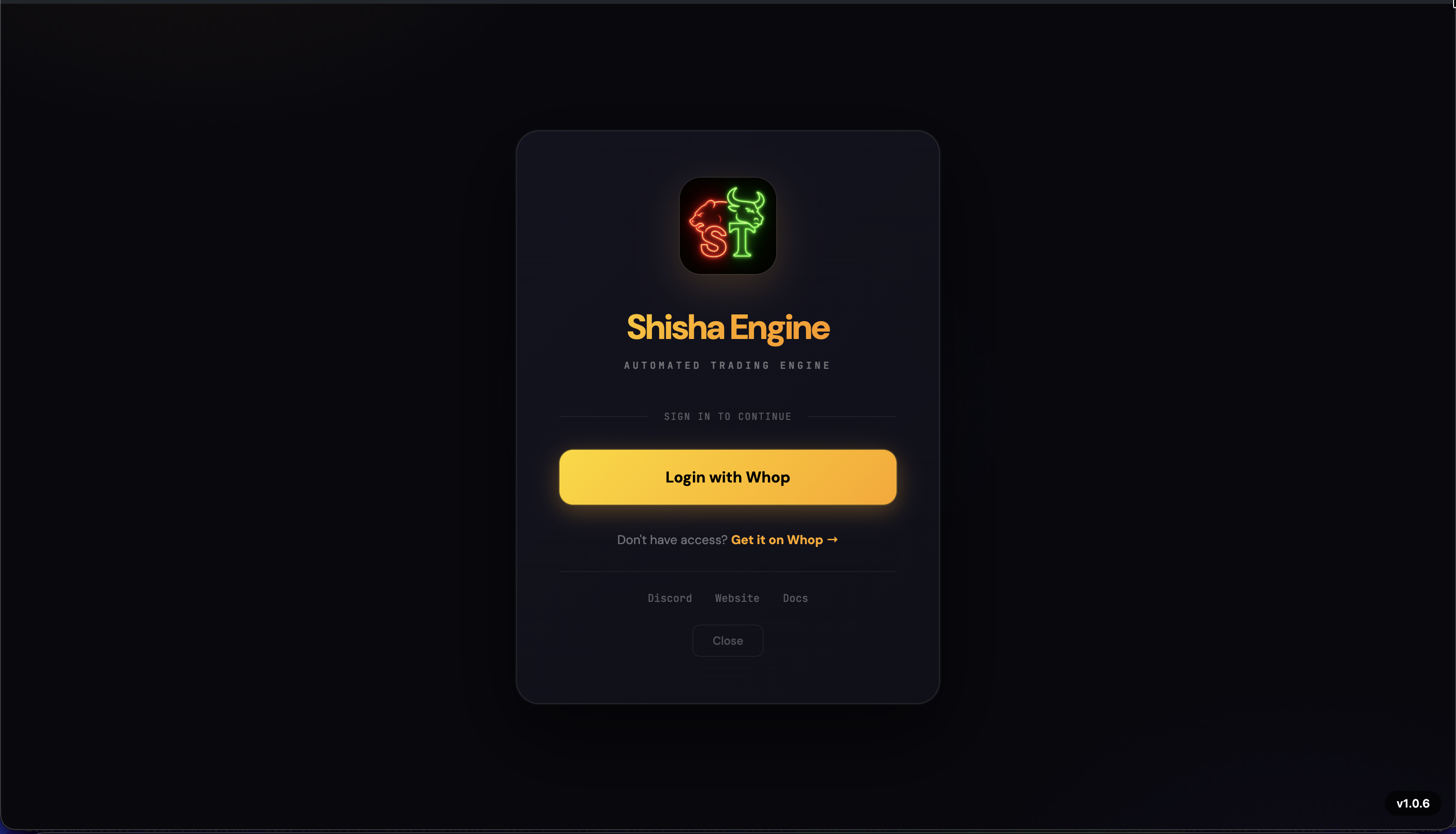 Shisha Traders login screen with Login with Whop button
