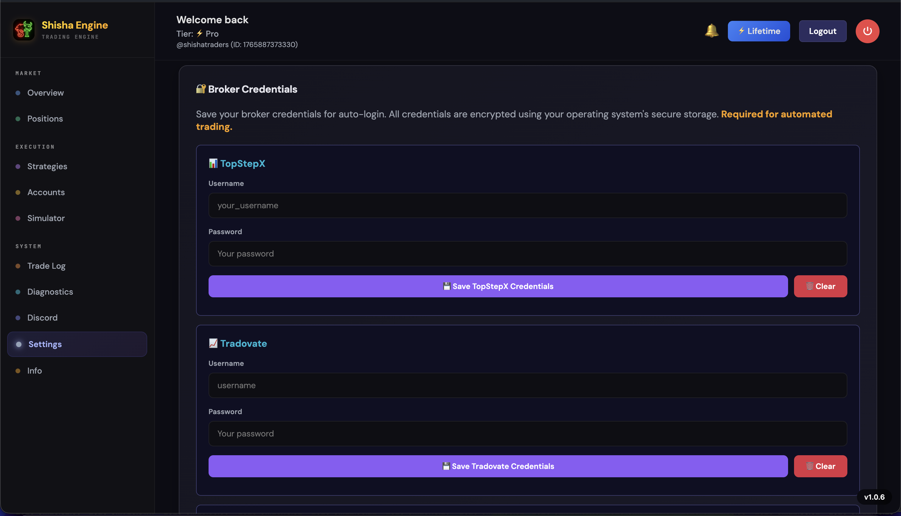 Settings page showing broker credential fields for TopStepX and Tradovate