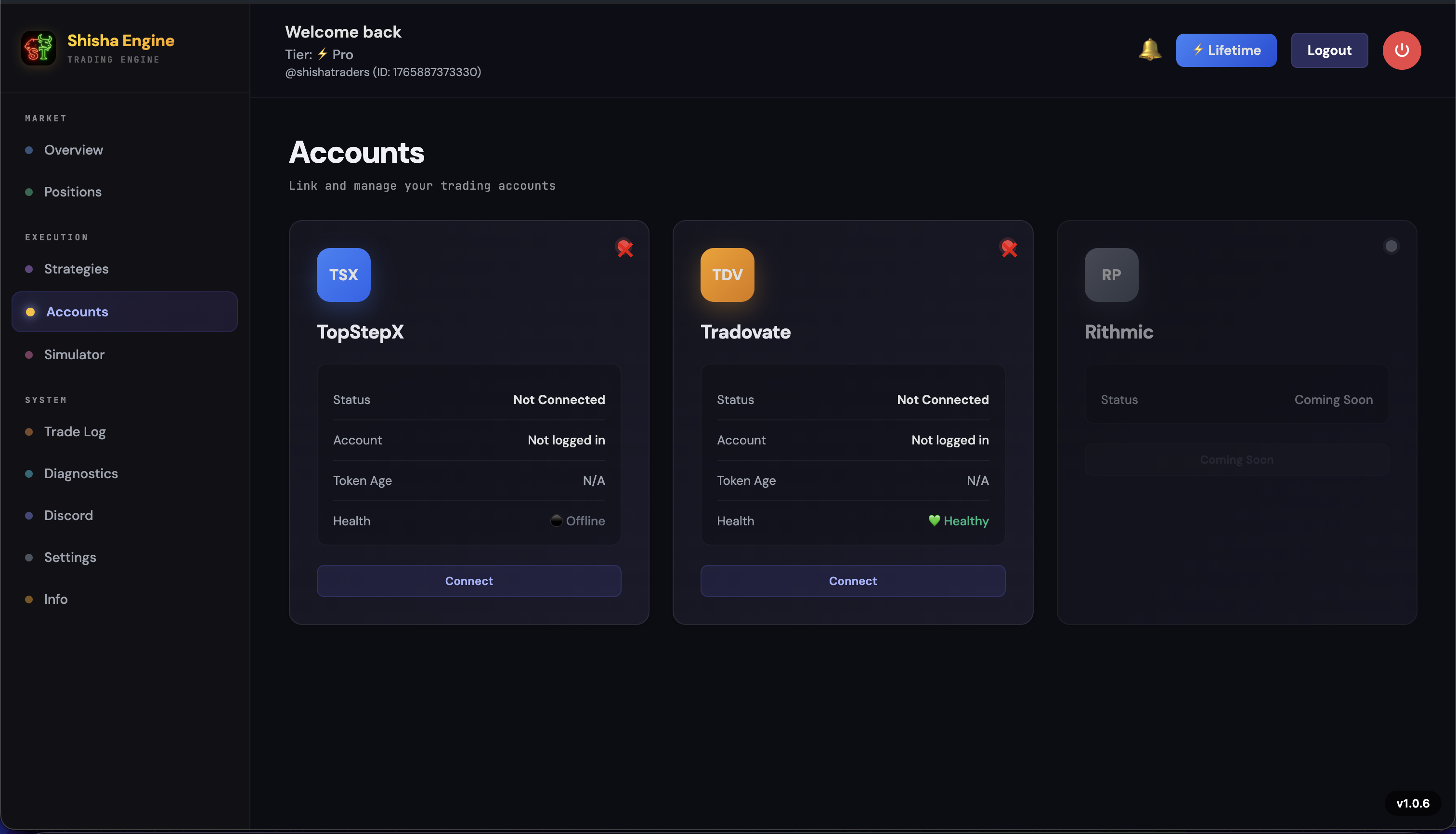 Accounts page showing broker Connect buttons