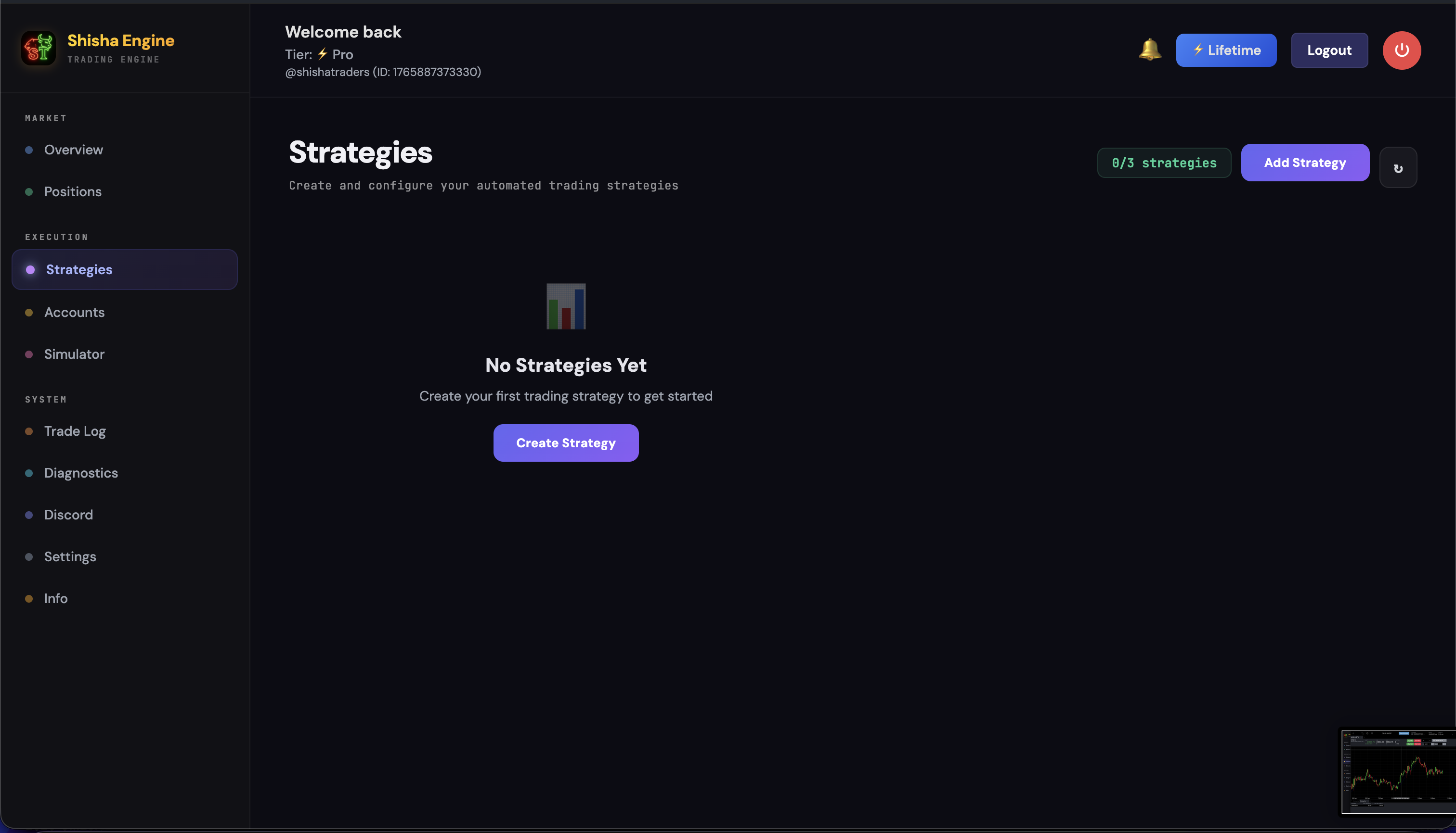 Strategies page showing empty state with Create Strategy option