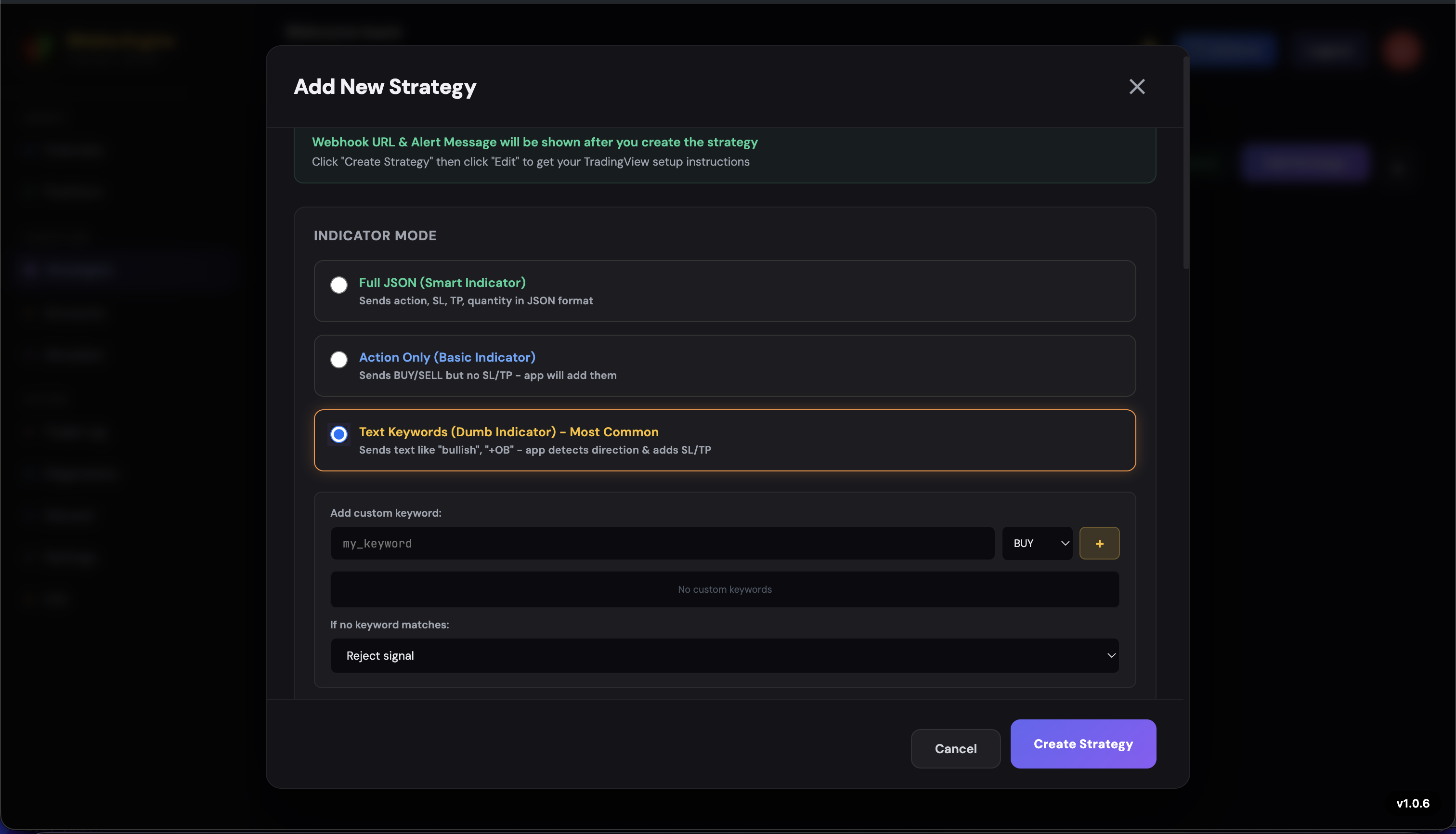 Indicator Mode selection showing Full JSON, Action Only, and Text Keywords options