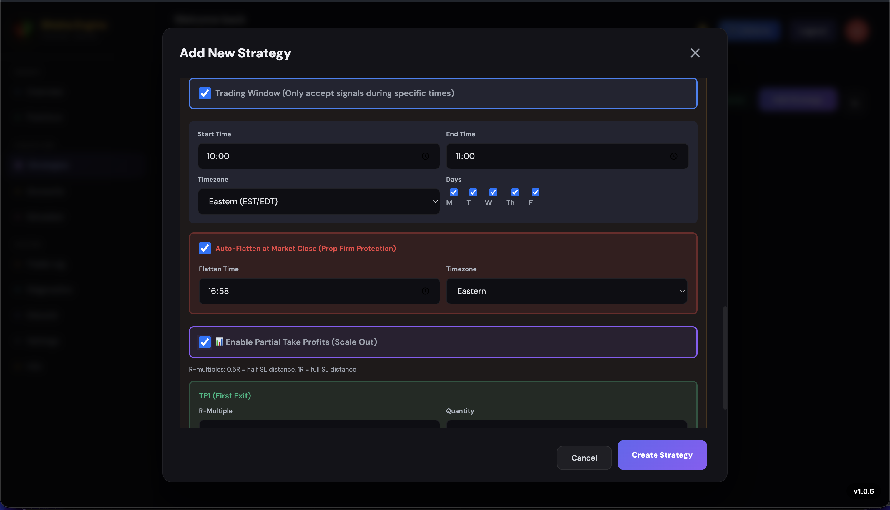 Trading Window configuration, Auto-Flatten toggle, and Partial Take Profits toggle